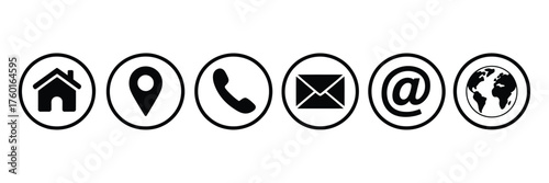 Set of six communication icons including house location phone email at symbol and globe isolated on white background