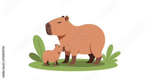 A mother capybara stands with her young offspring in a green grassy field with plants.