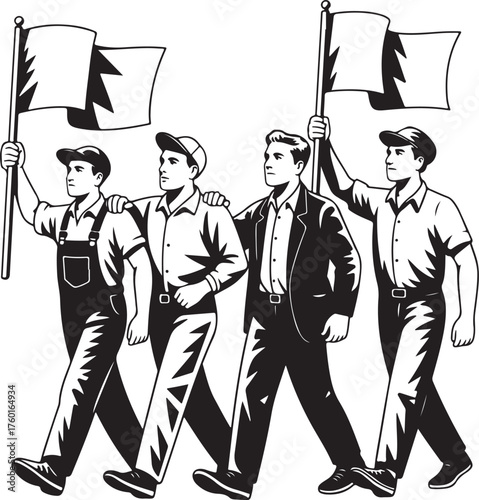 Workers march united, holding flags high, strong team spirit