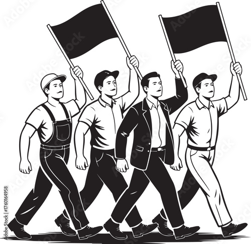 Workers march together holding black flags for change