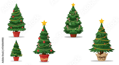 Collection of various beautifully decorated evergreen holiday trees ready for festive celebrations.