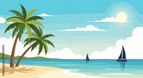 Palm trees sway on a sandy beach as sailboats glide across the turquoise ocean under a bright sunny sky.
