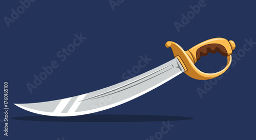 An ornate curved sword with a golden hilt rests on a dark blue background.