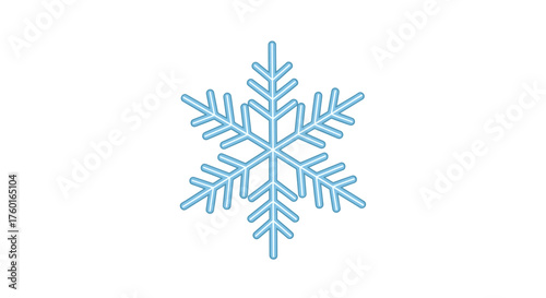 A beautiful symmetrical light blue snowflake with six points rests on a white background.