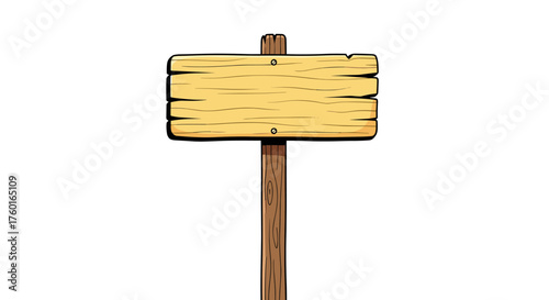 A wooden signpost with a blank sign pointing to the right is isolated on a white background.