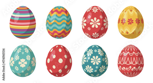 Collection of vibrantly decorated Easter eggs each showcasing unique patterns and festive designs.
