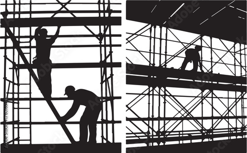 Builders work on scaffolding, creating structures