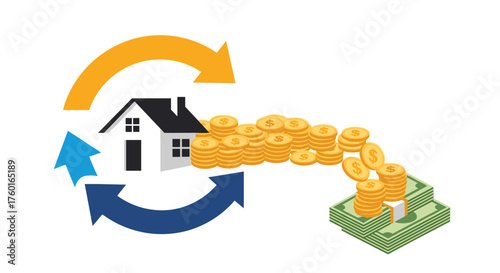 Visualizing the home buying process with cash flow and property exchange.
