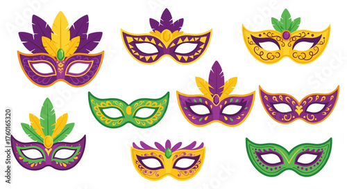 A collection of colorful masquerade masks with feathers and intricate designs perfect for celebrations.