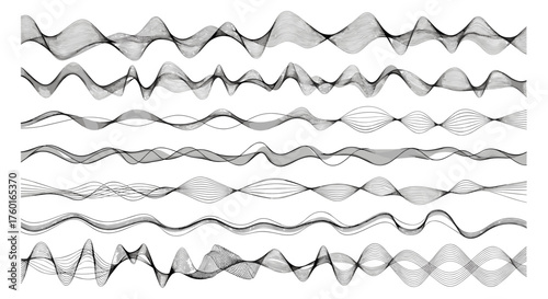 abstract visualization of various wavy sound wave patterns displayed horizontally.