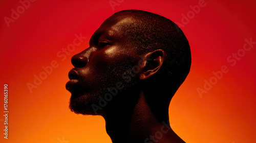 Black man profile side view portrait dark skin red orange background studio lighting contemplative expression male model close up face isolated