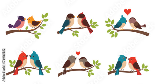A collection of cute love birds sitting on branches with heart symbols.
