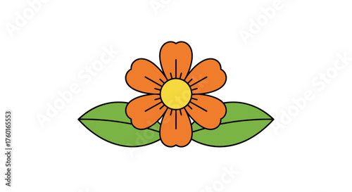 A bright orange flower with five petals and a yellow center rests on two green leaves.