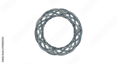 A complex metallic woven circular object with a hollow center on a white background.