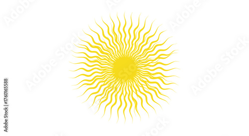 A vibrant yellow sun with wavy rays on a white background representing the sun's energy and warmth.