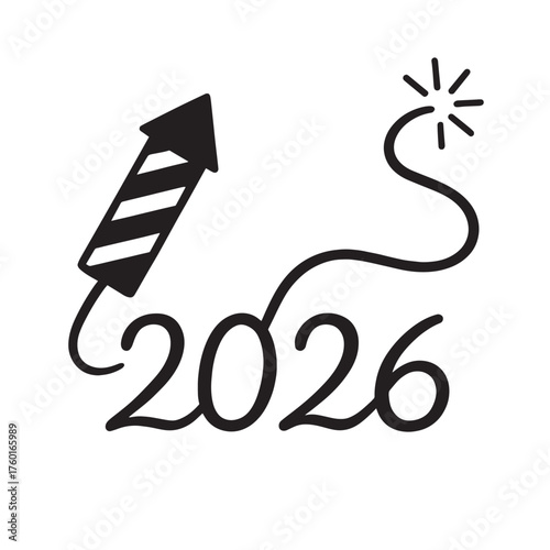 Black firework rocket and sparkler trail forming year 2026 celebration