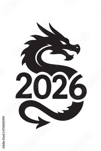 Black dragon silhouette encircling the year 2026 numbers vector