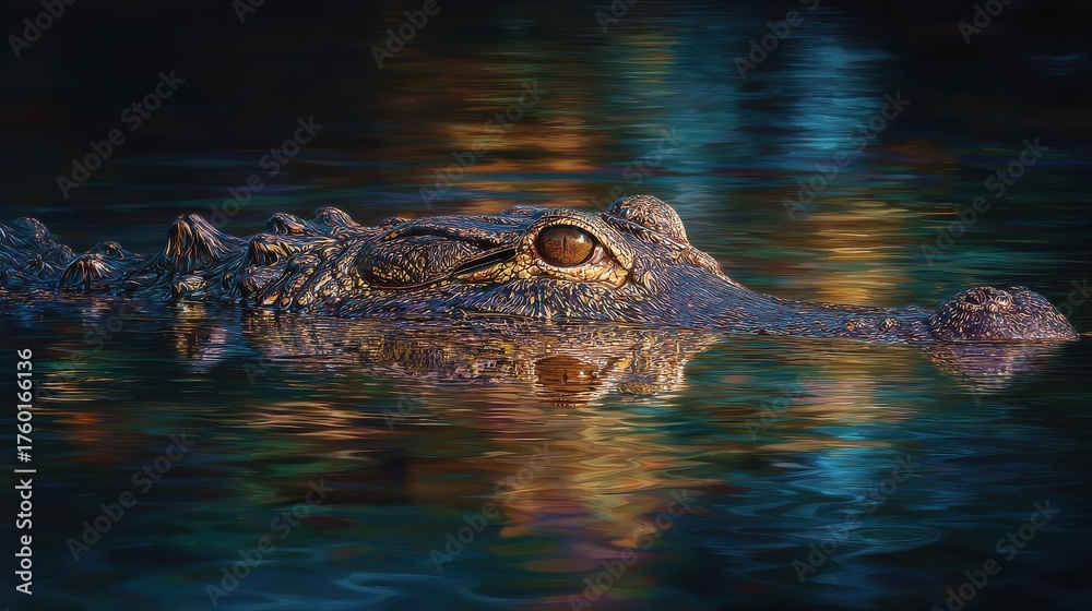 Fototapeta premium enigmatic alligator a study of stillness and ripples on a swamps surface at dusk showcasing the mystique of nature