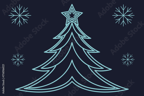 Minimal glowing Christmas tree vector with snowflakes on dark background