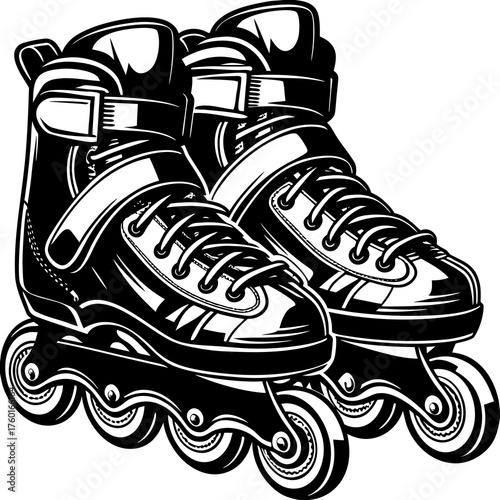 Inline Skates: Detailed illustration of inline skates, ideal for leisure and recreation, showcasing the sleek design and essential components of a pair of skates.