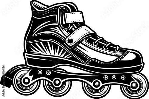 Roller Skate Illustration: A dynamic illustration of a single roller skate, rendered in black and white, showcases the intricate design and details of the inline skate