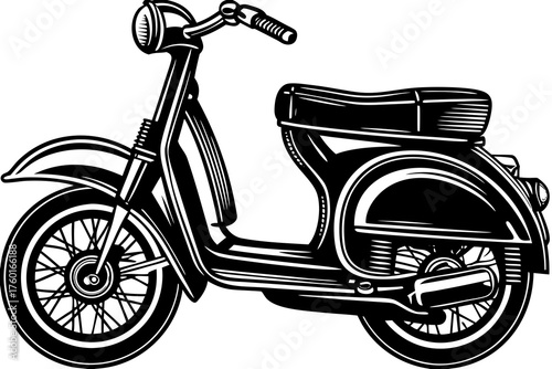 Vintage Motorbike Icon: A classic black and white vintage motor scooter, embodying the nostalgia of a bygone era, rendered in a striking illustration.
