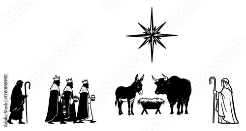 Christmas nativity scene silhouette set. Vector illustration of Biblical characters including three wise men shepherd and holy family.