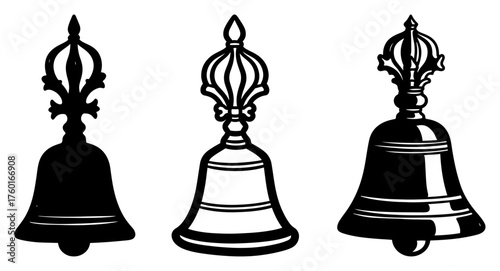 Vintage ornate bells vector illustration set. Collection of decorative antique or church bell silhouettes with detailed handles.