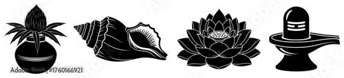 Set of Hindu religious symbols vector silhouettes. Kalash conch shell lotus and Shiva Lingam icons for puja.