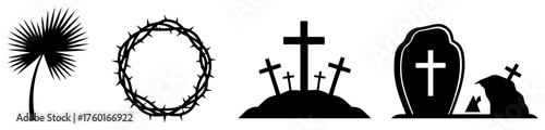 Set of Christian religious symbols for Easter and Good Friday. Vector icons of crown of thorns cross and tomb.