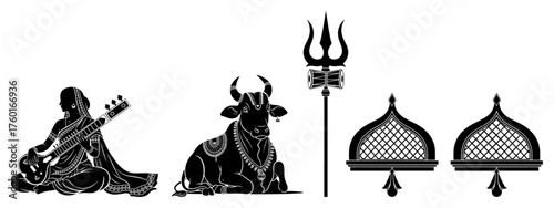 Set of Indian and Hindu cultural symbols vector silhouettes. Woman with sitar Nandi bull and Trishula icons.