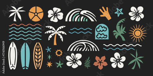 Tropical summer beach elements collection with palm trees surfboards waves flowers and sun