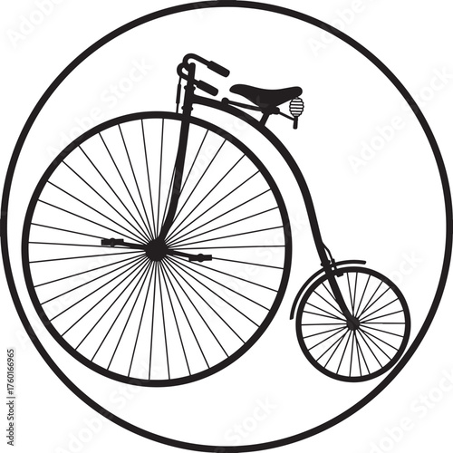 Black silhouette of a vintage penny farthing bicycle inside a circle bike retro