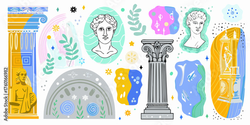 Abstract collage of ancient greek sculptures columns and decorative elements in bright colors