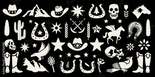 Collection of western and southwestern icons and symbols in silhouette against a black background
