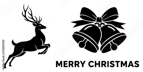 Christmas silhouette icon set with reindeer and jingle bells. Merry Christmas text and festive holiday symbols. Leaping deer and bells with bow vector graphic elements for design.
