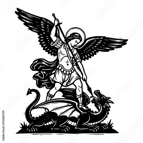 Silhouette Saint Michael the Archangel Slaying Dragon – Spiritual Warfare Icon Vector