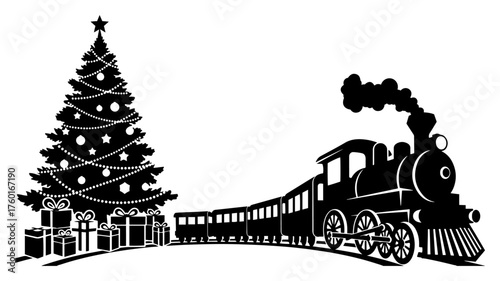 Silhouette Christmas Tree with Steam Train and Presents – Holiday Winter Scene Vector