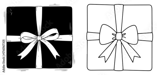 Hand-drawn gift box with bow vector illustration. Sketch style present in silhouette and outline versions. Holiday doodle icon.