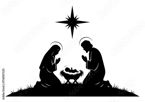 Christmas Nativity scene silhouette. Holy Family with baby Jesus in a manger under the Star of Bethlehem vector.