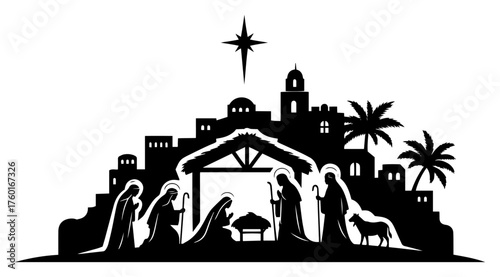 Christmas Nativity scene silhouette. The birth of Jesus in Bethlehem. Christian holiday vector illustration with Mary Joseph and baby Jesus in the manger under the shining star.