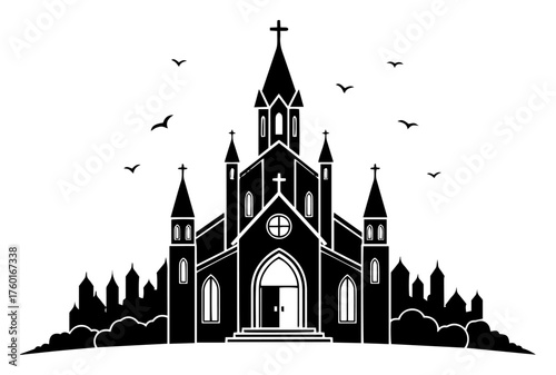 Gothic church silhouette vector illustration. Christian cathedral building icon. Religious architecture graphic element with city background. Black chapel symbol isolated on white.