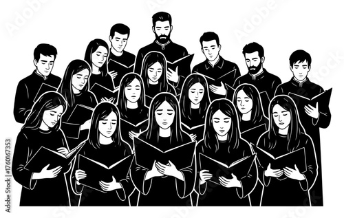 Church choir singing silhouette. Group of people with songbooks. Christmas carol singers vector illustration. Religious music chorus performance graphic element isolated on white background.