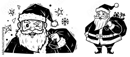Set of Santa Claus vector illustrations. Collection of Christmas characters including a winking Santa portrait and a full body Santa with gifts.