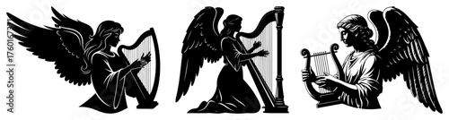 Set of beautiful angel silhouettes. Vector collection of religious winged women with musical instruments like harp and lyre.
