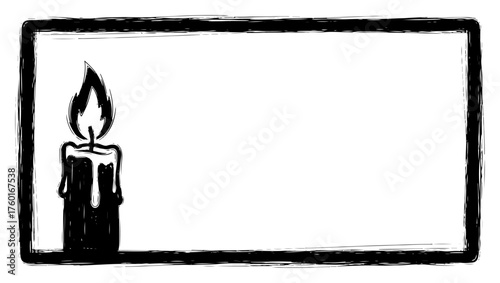 Christmas grunge frame with burning candle. Holiday background with candle silhouette and copy space. Festive winter border vector illustration for religious or memorial design.