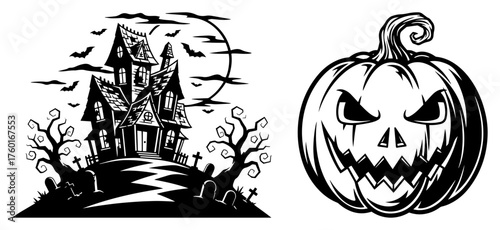 Set of Halloween illustrations with haunted house and scary pumpkin. Vector silhouette of a creepy mansion and a jack o'lantern.