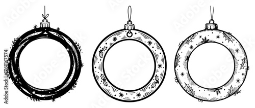 Round Christmas Ornament Frames Set – Hand Drawn Bauble Border Vector