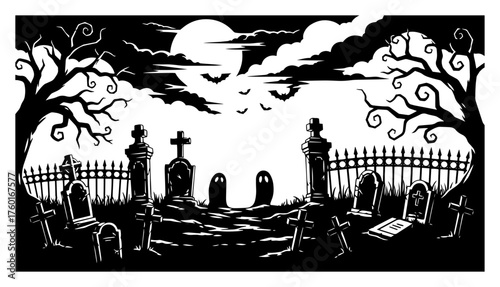 Silhouette Haunted Graveyard Scene with Full Moon and Tombstones – Halloween Cemetery Vector