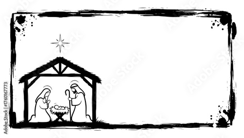 Hand drawn Christmas nativity scene in a grunge frame Vector sketch illustration with copy space